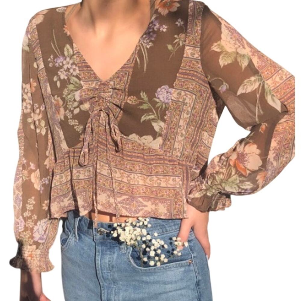 American Eagle Outfitters Peplum Blouse Women's Size Small Brown Floral Cropped - Picture 2 of 9